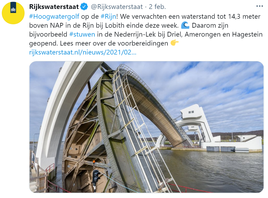 Tweet Rijkswaterstaat over hoogwater